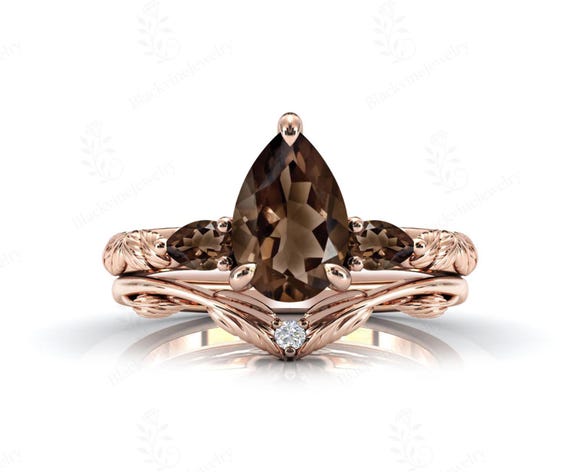 Vine Leaf Smoky Quartz Engagement Ring Set 925 Sterling Silver Wedding Ring Set Art Deco Brown Gemstone Ring Set Antique Leaf Style Ring Set