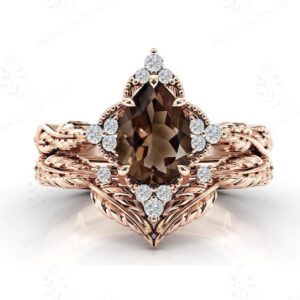 Vintage Smoky Quartz Engagement Ring Set For Women Unique Leaf Design Ring Set 14k Gold Smoky Quartz Bridal Ring Set Brown Gemstone Ring Set Vintage Smoky Quartz Engagement Ring Set For Women Unique Leaf Design Ring Set 14k Gold Smoky Quartz Bridal Ring Set Brown Gemstone Ring Set