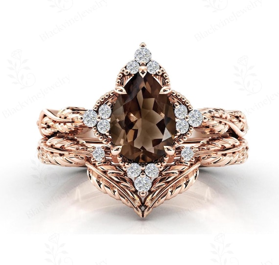 Vintage Smoky Quartz Engagement Ring Set For Women Unique Leaf Design Ring Set 14k Gold Smoky Quartz Bridal Ring Set Brown Gemstone Ring Set
