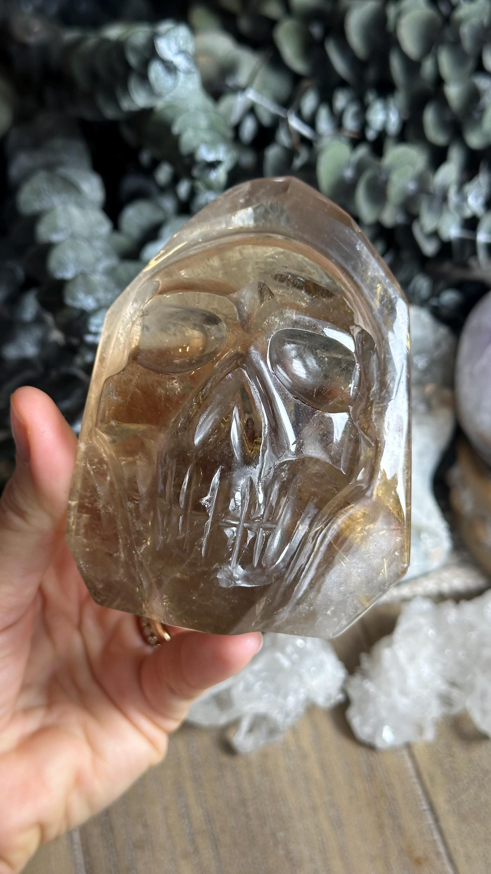 4” Rutile Smoky Quartz Skull Tower Carving