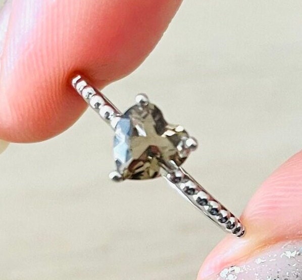 Smoky Quartz Heart Ring: Solitaire 925 Silver Gemstone