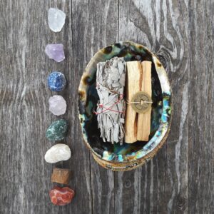 Palo Santo White Sage Healing Smudge Kit. Choose from 8 Crystals with Large Abalone Shell, White Sage, 3 Palo Santo and a I Ching Coin.