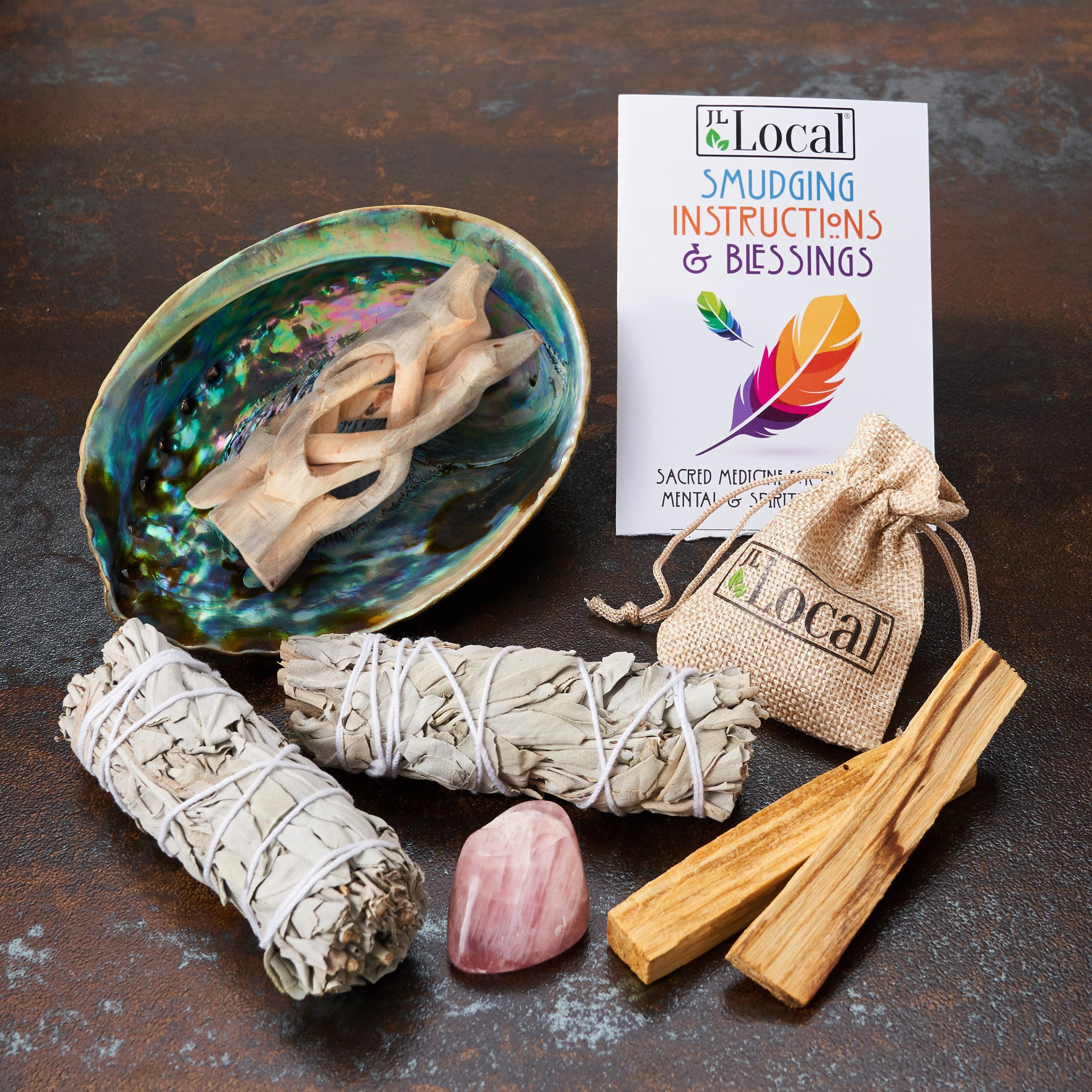 Sage Smudge Kit With 2 White Sage Bundles 4" Inch, 2 Palo Santo Sticks, Abalone Shell 5-6" Inch, Rose Quartz & Instructions | Smoke Cleanse