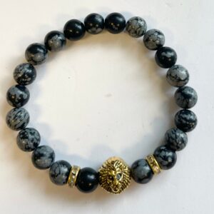 Bracelet 8mm Round Snowflake Obsidian with Copper Gemstone Bracelet- Bracelet 8mm Round Snowflake Obsidian with Copper Gemstone Bracelet-