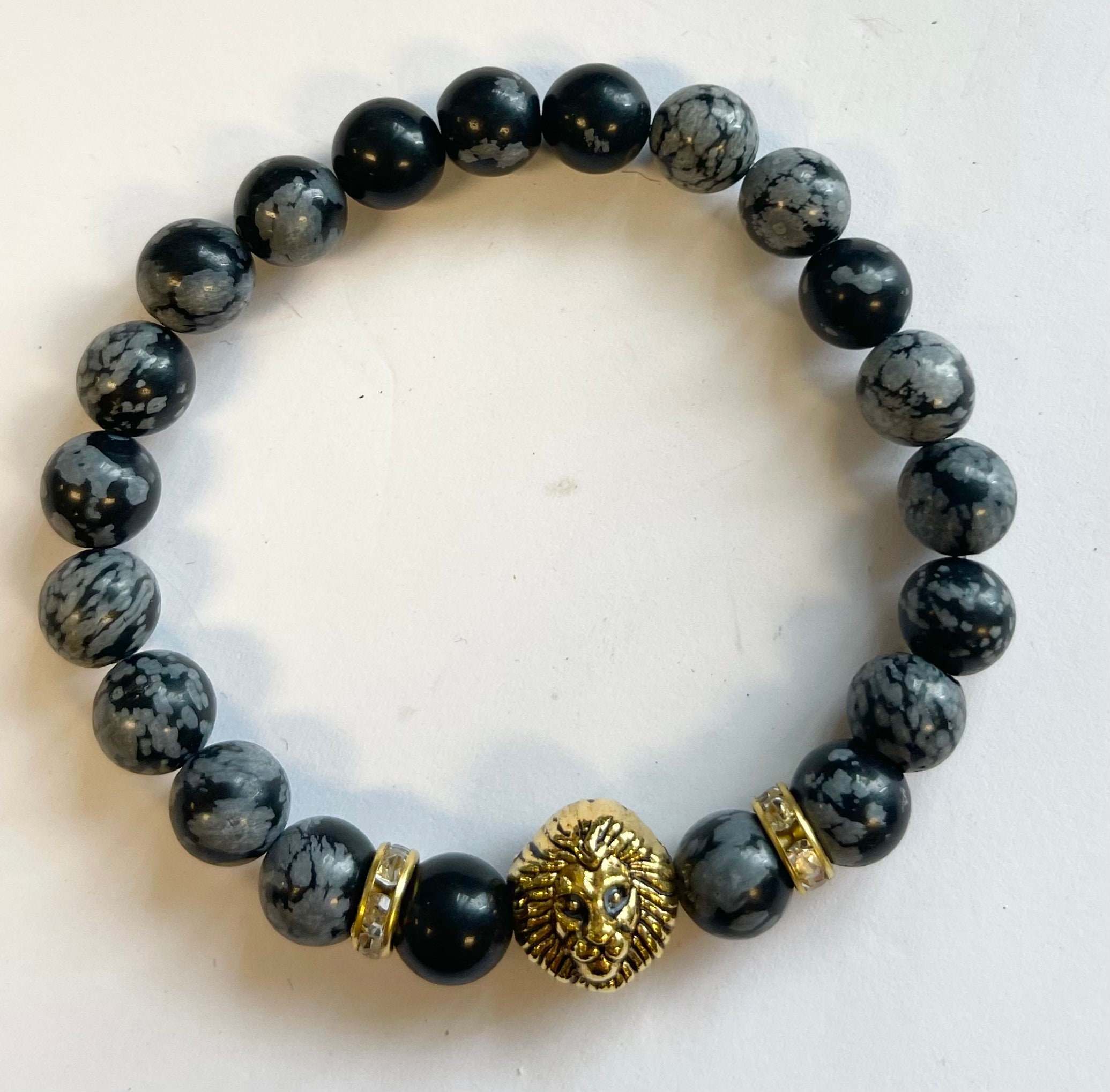 Bracelet  8mm Round Snowflake Obsidian With Copper  Gemstone Bracelet-