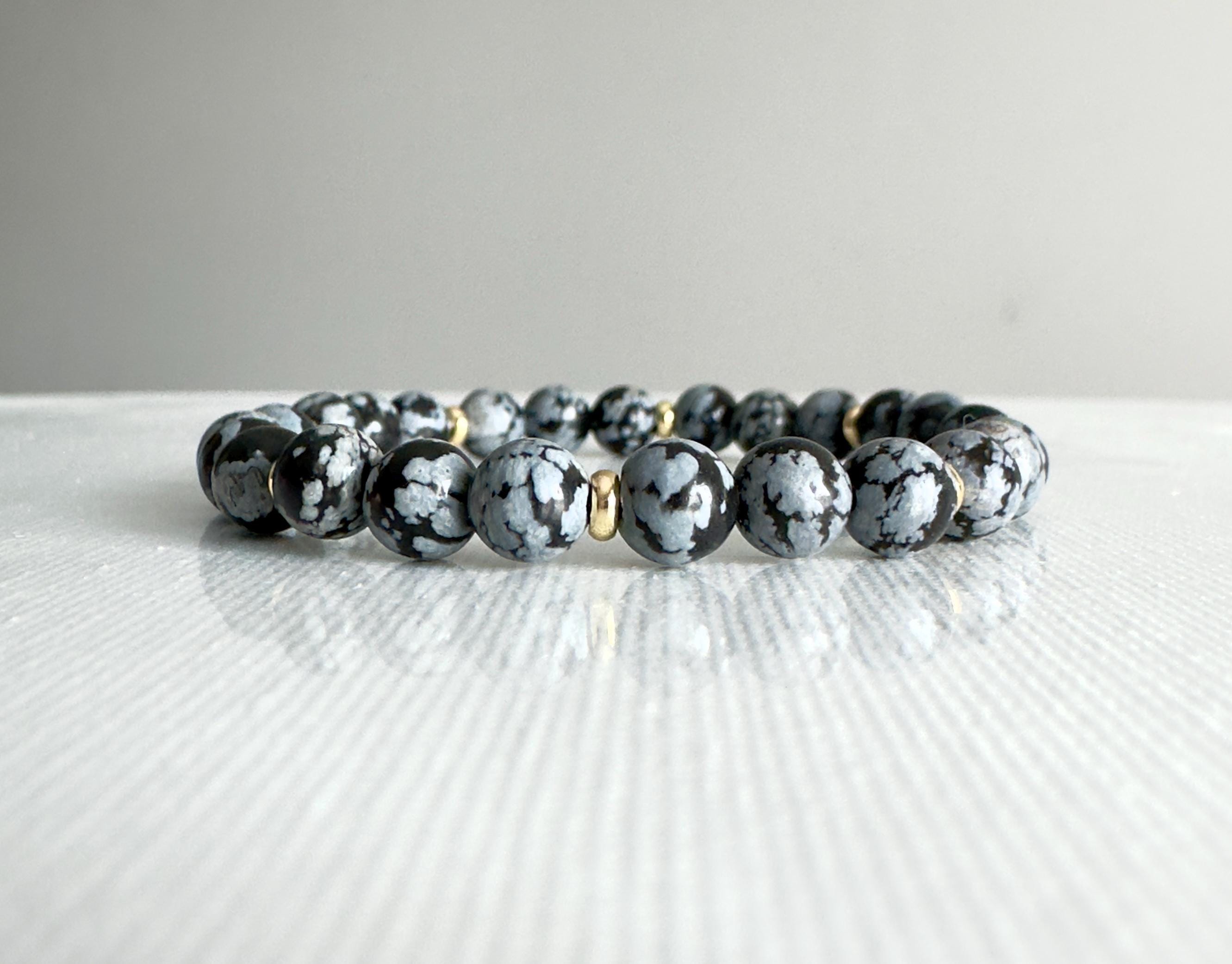 Snowflake Obsidian Beaded Stretch Bracelet: Handmade Gemstone Everyday Jewelry