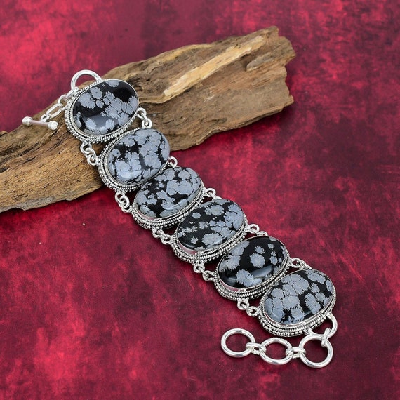 Beautiful Snowflake Obsidian Bracelet, 925 Sterling Silver Jewelry, Bracelet Adjustable Gemstone Bracelet, Handmade Jewelry, Wedding Gifts