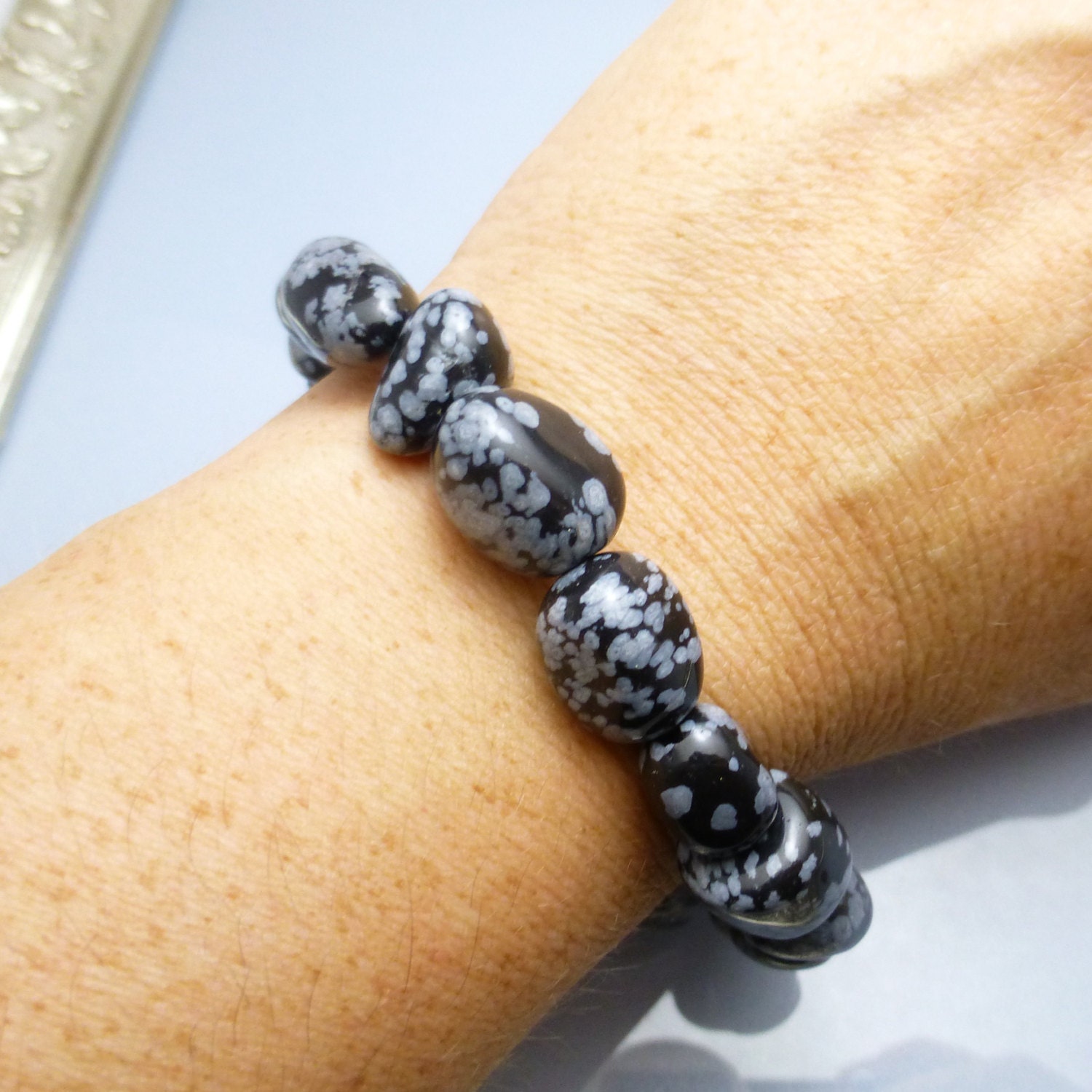 Black Snowflake Obsidian Unisex Bracelet Beads Beaded Natural Stretchy One Size Fits Most Hand Made Lisajoy Sachs Etsycij