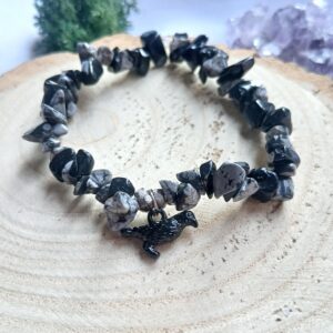 Crow Raven Morrigan Snowflake Obsidian crystal chip bracelet Crow Raven Morrigan Snowflake Obsidian crystal chip bracelet