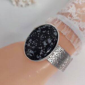 Snowflake Obsidian Cuff Bracelet: Antique Silver Bangle, Adjustable Gemstone Jewelry Snowflake Obsidian Cuff Bracelet: Antique Silver Bangle, Adjustable Gemstone Jewelry