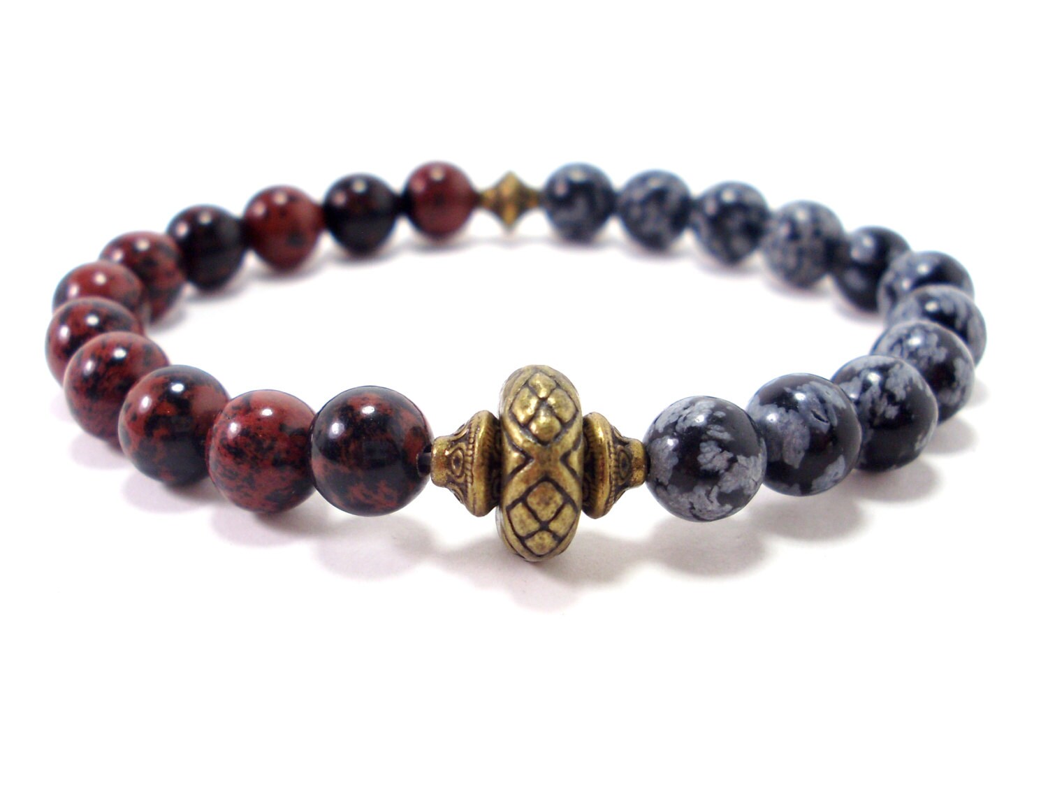 Mahogany And Snowflake Obsidian Handmade Bracelet 8mm, Natural Gemstones Bracelet, Women Mens Beaded Bracelet, Gift For Her +gift Bag
