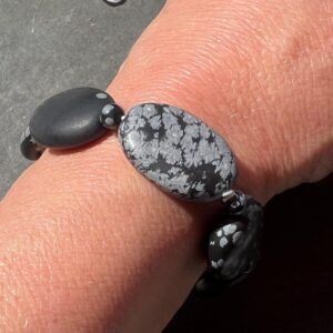 Snowflake Obsidian Bracelet, Smooth Satin Finish, Stretchy Black Bracelet, With Satinated, Flat Beads Snowflake Obsidian Bracelet, Smooth Satin Finish, Stretchy Black Bracelet, With Satinated, Flat Beads