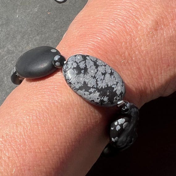 Snowflake Obsidian Bracelet, Smooth Satin Finish, Stretchy Black Bracelet, With Satinated, Flat Beads