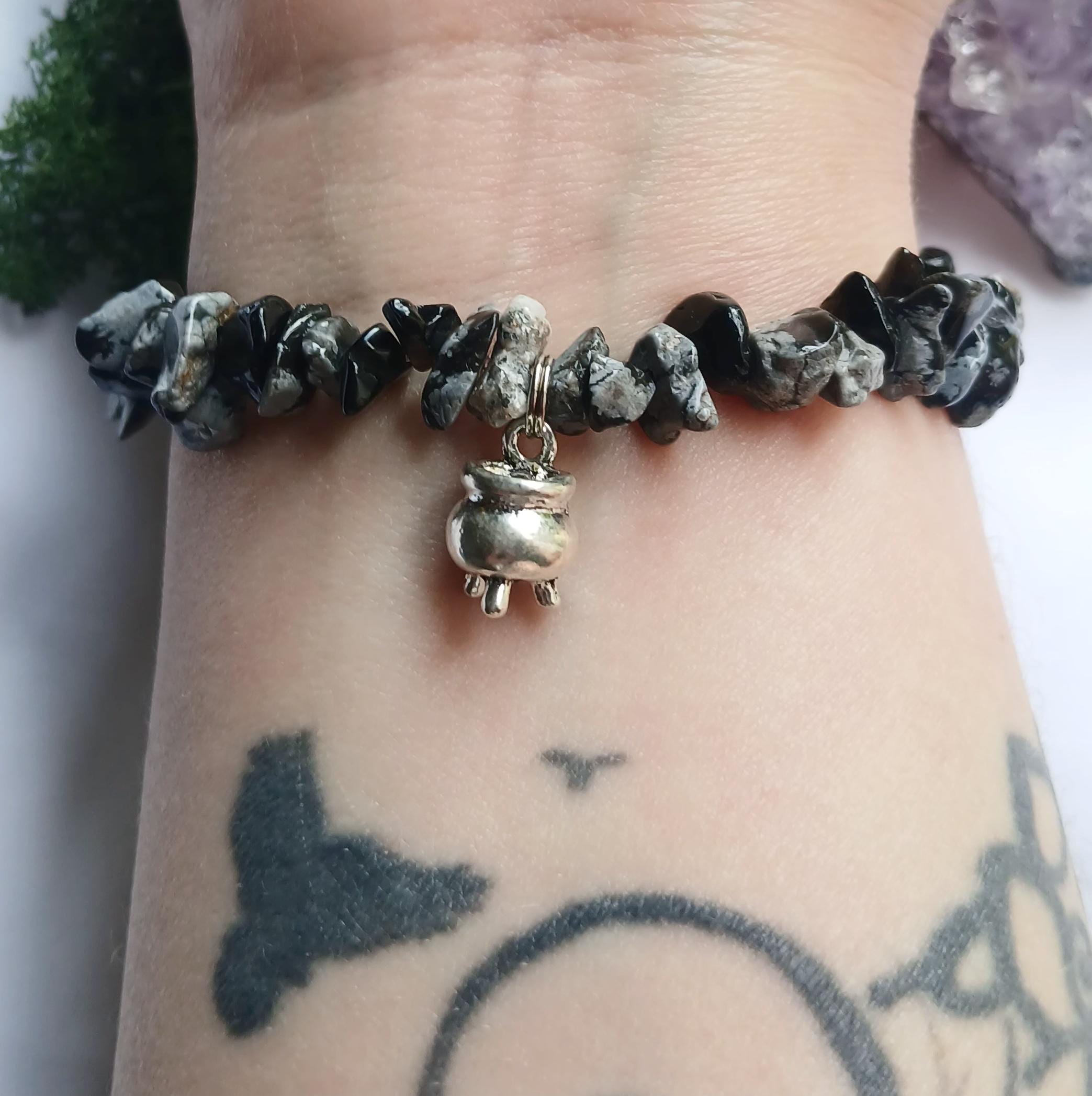 Witchy Cauldron Snowflake Obsidian Gemstone Bracelet