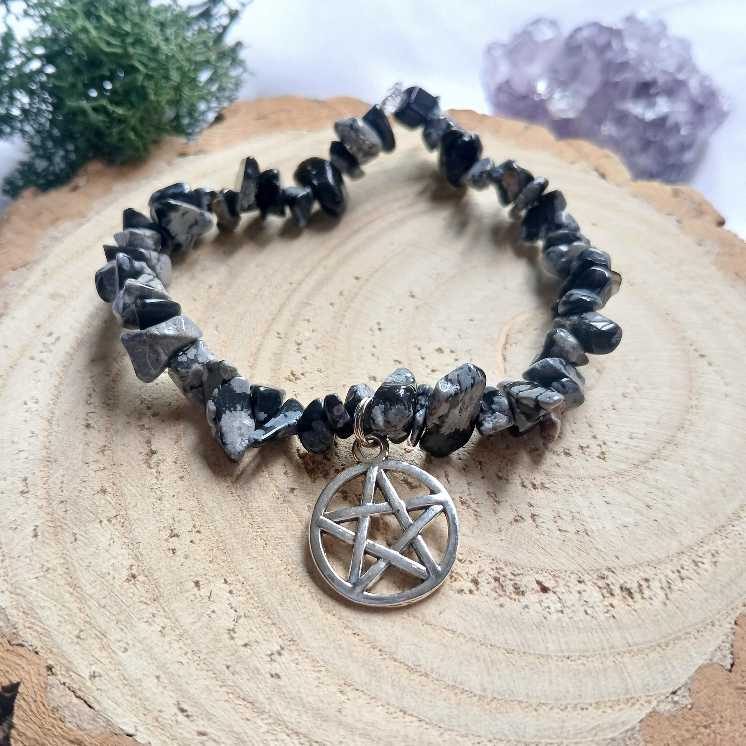 Witchy Pentacle Snowflake Obsidian Bracelet - Pentagram