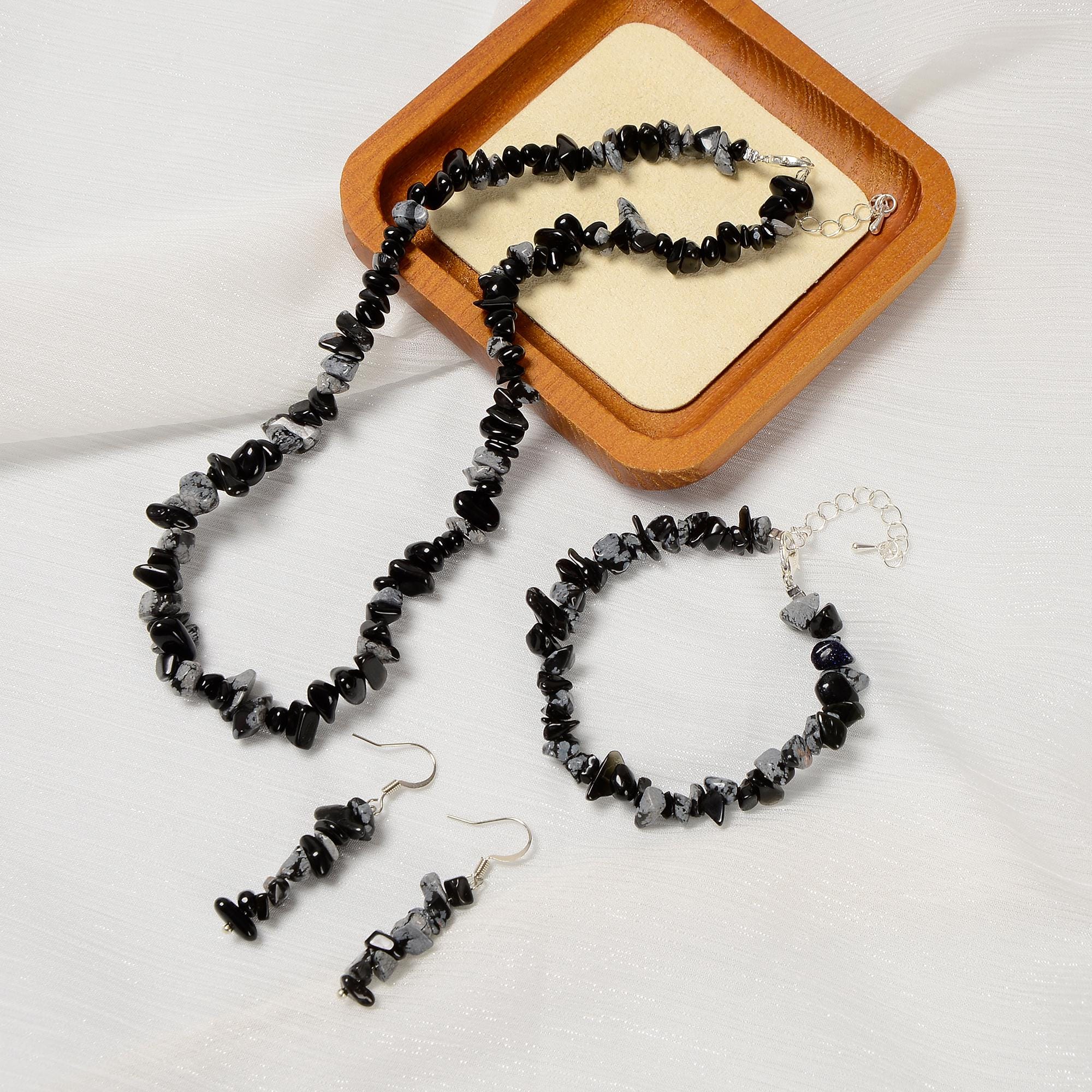 Snowflake Obsidian Chips Beads Size 5-8mm Jewelry Set Bracelet Earrings Necklace Snowflake Obsidian Chips Beads Size 5-8mm Jewelry Set Bracelet Earrings Necklace