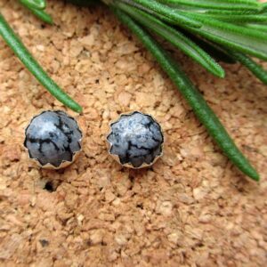 Snowflake Obsidian Cabochon Studs | 14k Gold Stud Earrings Or Sterling Silver Obsidian Studs | 6mm Low Profile Serrated Or Crown Earrings