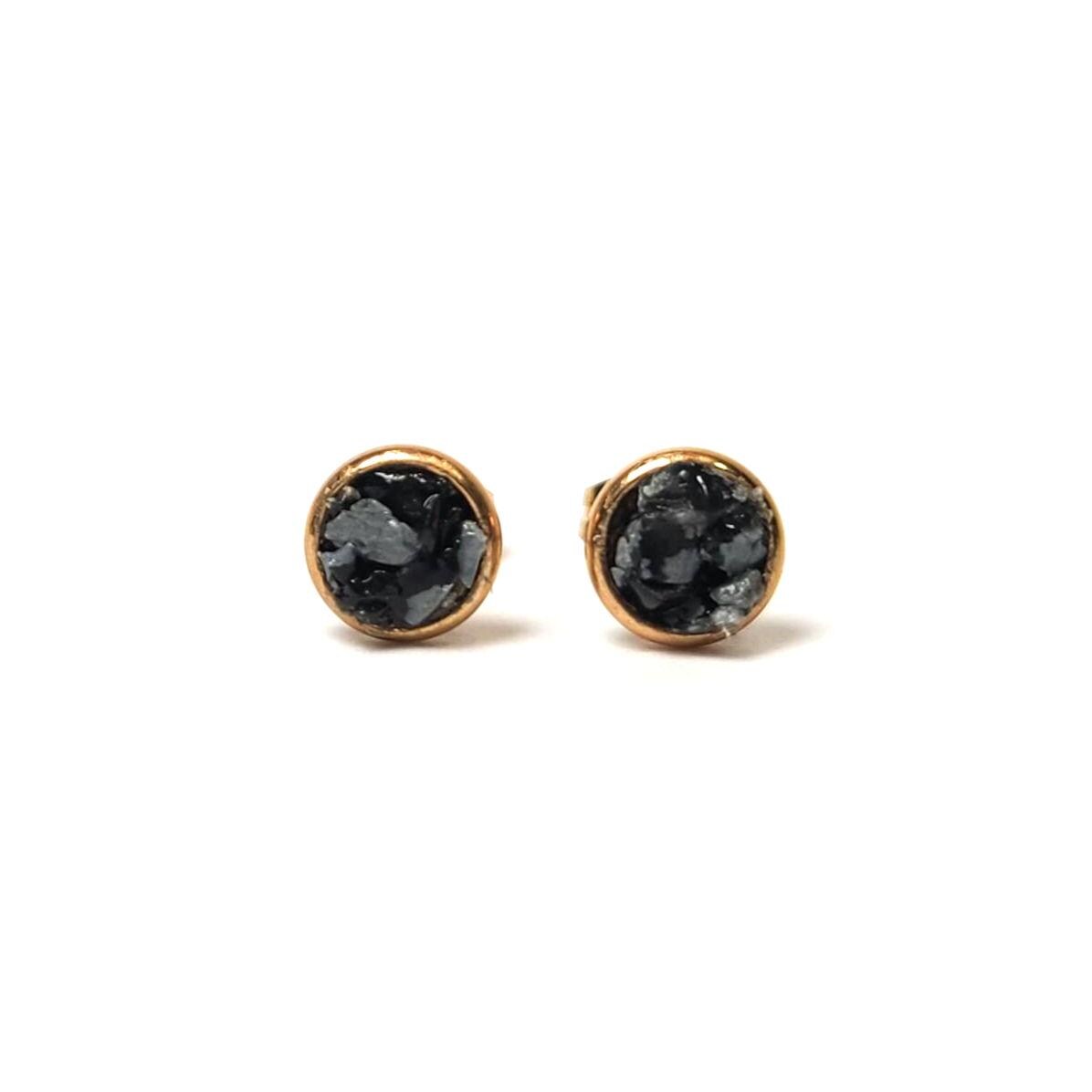 Snowflake Obsidian Crushed Stone Rose Gold Plated Stainless Steel 6mm Stud Earrings