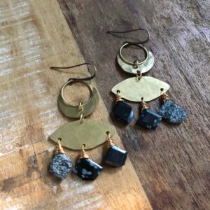Hammered Brass Dangle Earrings With Snowflake Obsidian