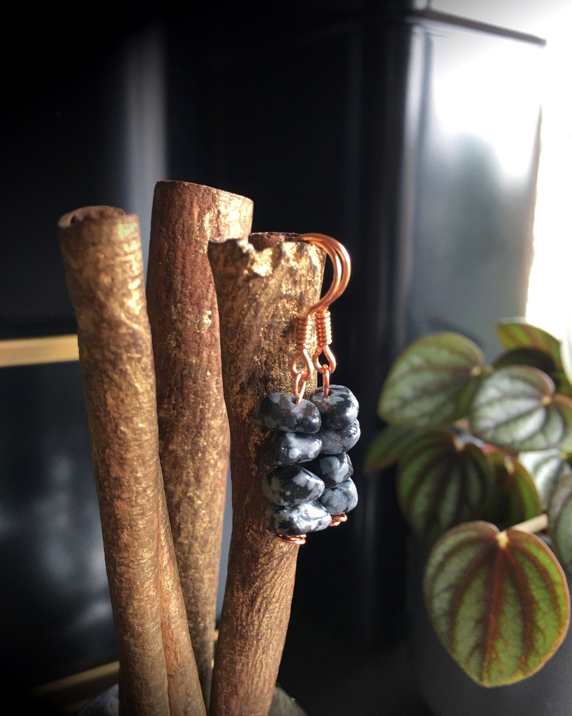 Handmade Copper Snowflake Obsidian Dangle Earrings