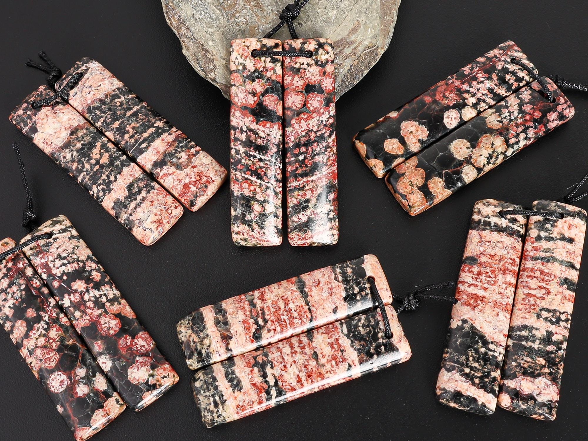 Pink Black Snowflake Obsidian Rectangle Earring Pair Grade Aa Drilled Matched One Of A Kind Natural Gemstone