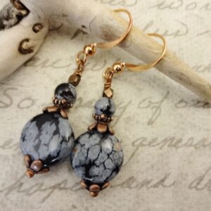 Snowflake Obsidian Earrings: Rose Gold Surgical Steel, Antique Copper