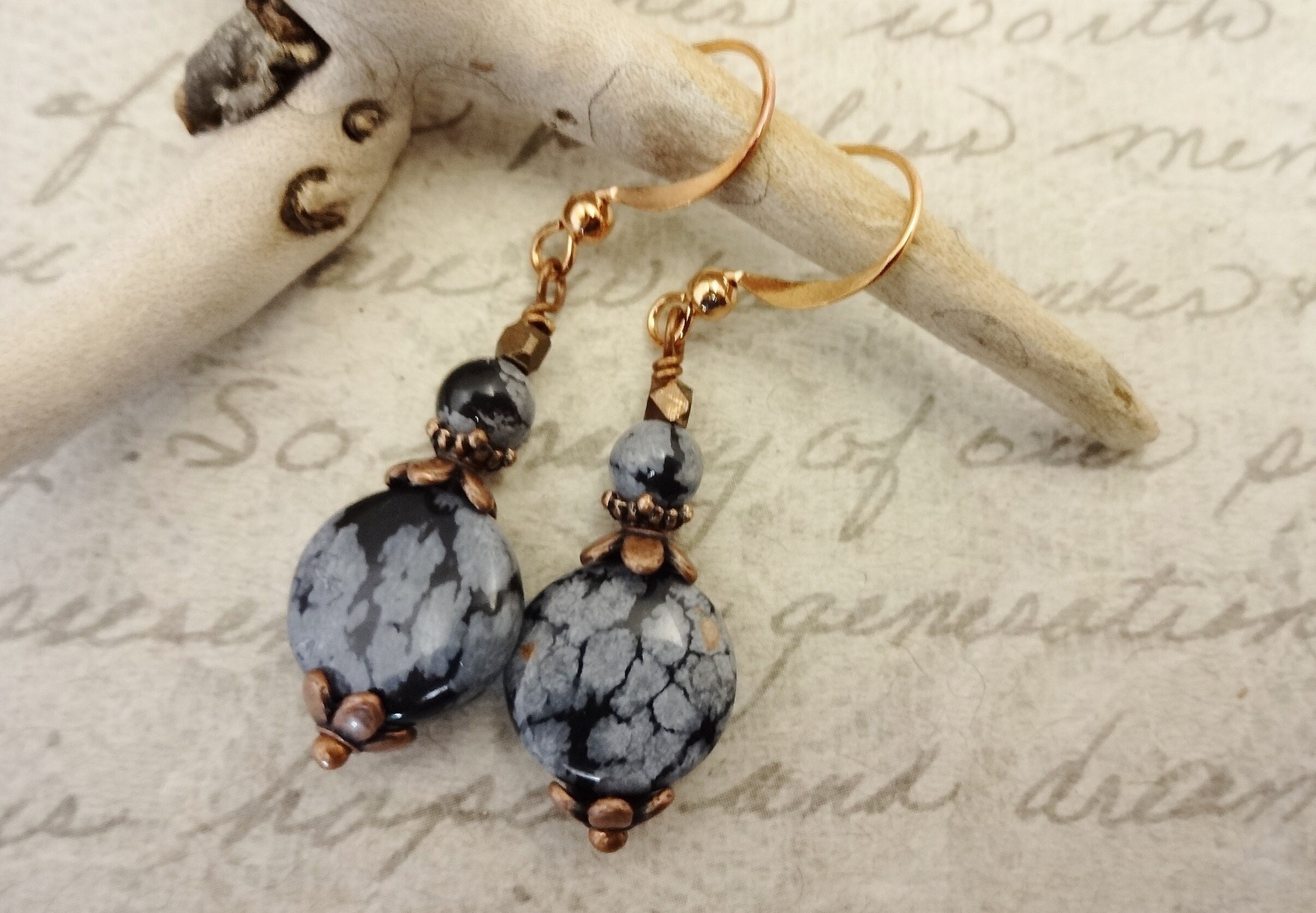 Snowflake Obsidian Earrings: Rose Gold Surgical Steel, Antique Copper