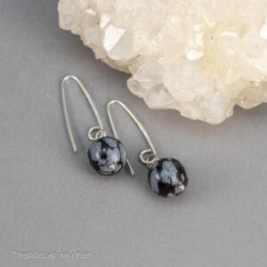 Snowflake Obsidian Earrings: Simple Stone Drop Earrings Sterling Silver