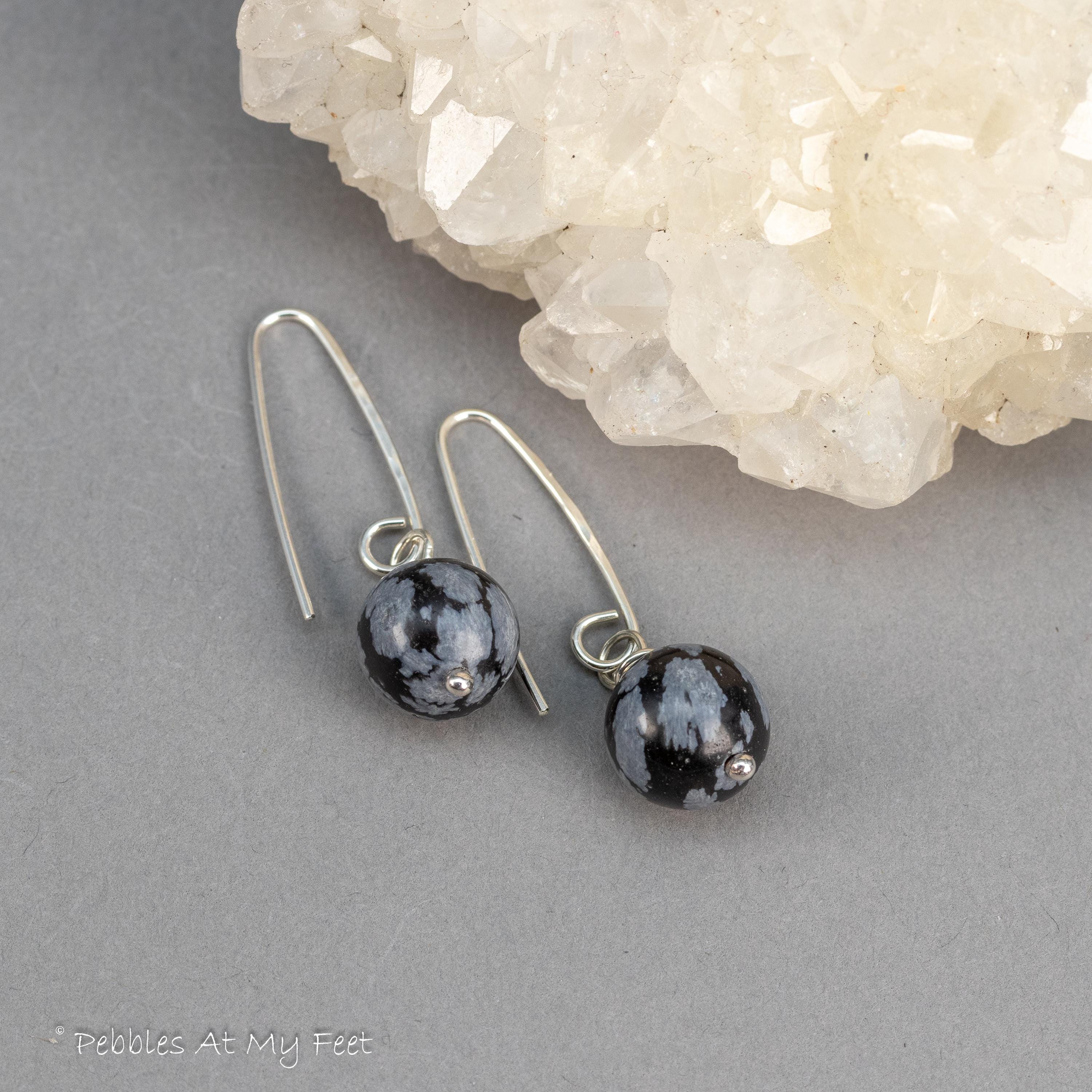 Snowflake Obsidian Earrings: Simple Stone Drop Earrings Sterling Silver Snowflake Obsidian Earrings: Simple Stone Drop Earrings Sterling Silver