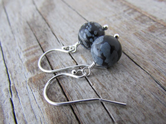 Snowflake Obsidian Earrings, Small And Simple, Lightweight Semi Precious Stone, Dangle Earrings