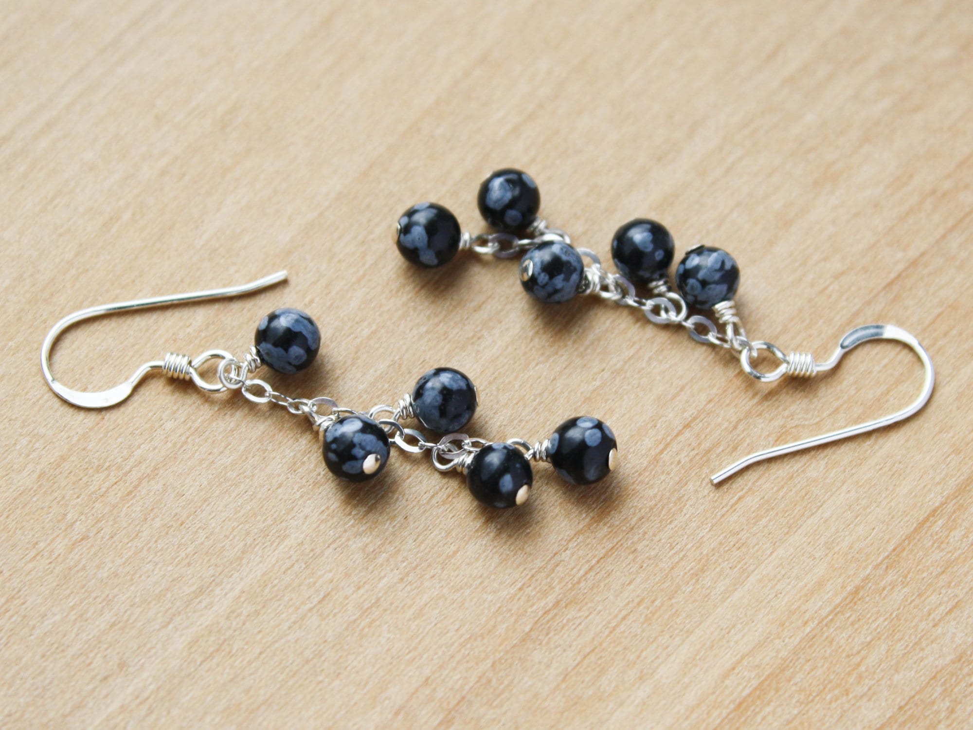 Snowflake Obsidian Earrings: Sterling Silver Dangle Cluster