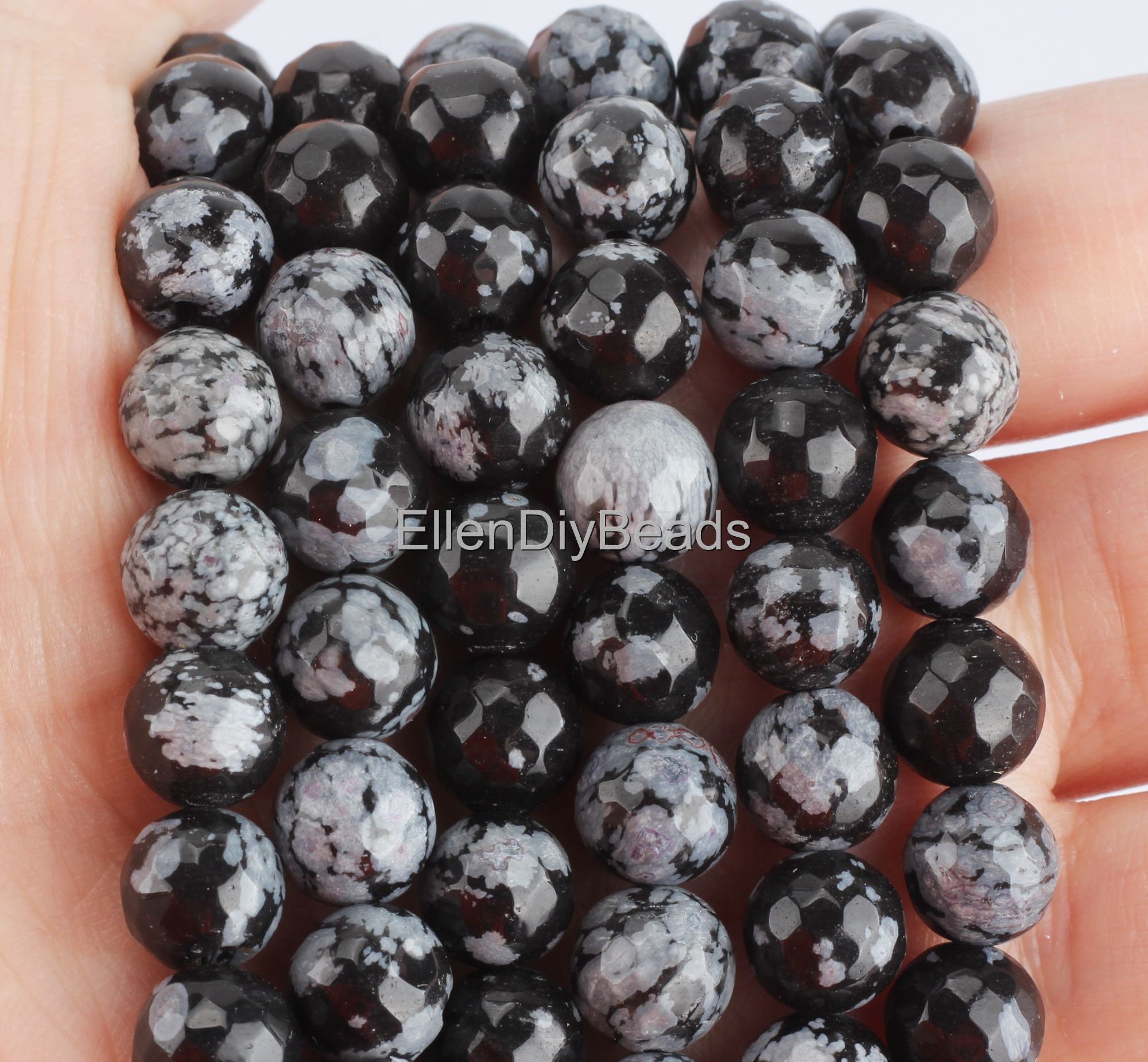 4-12mm Faceted Black Snowflake Obsidian Gemstone, Diy Jewelry Making, Loose Bead Strand, Wholesale Beads, Beading Supplies--15inches--qm0020