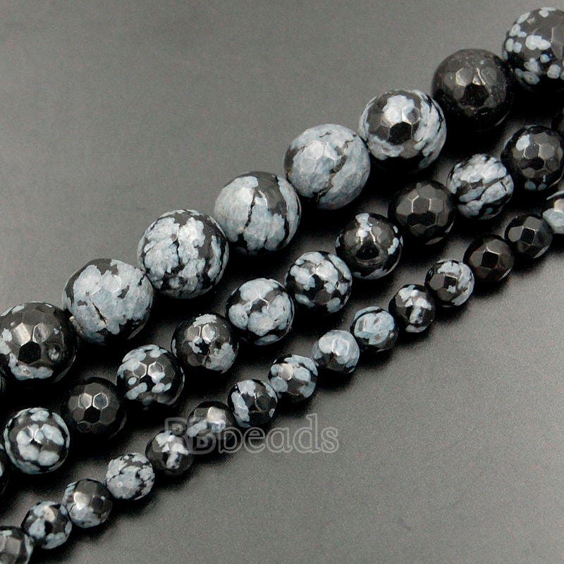 Natural Faceted Snowflake Obsidian Beads, Gem 4mm 6mm 8mm Snow Flake Obsidian Stone Round Jewelry Gemstone Beads, For Jewelry Making