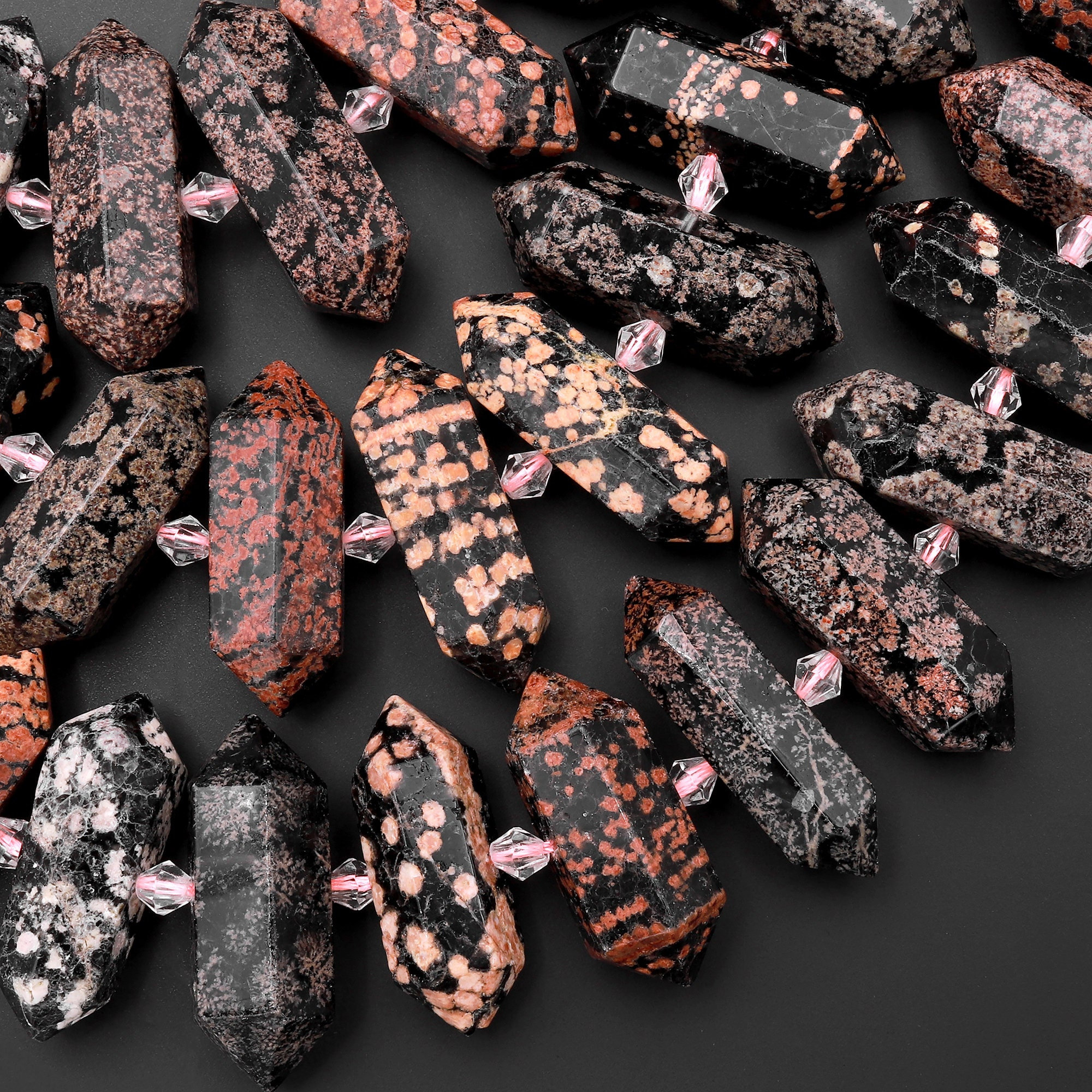 Natural Red Snowflake Obsidian Faceted Double Terminated Points Center Drilled Focal Pendant Beads 15.5" Strand