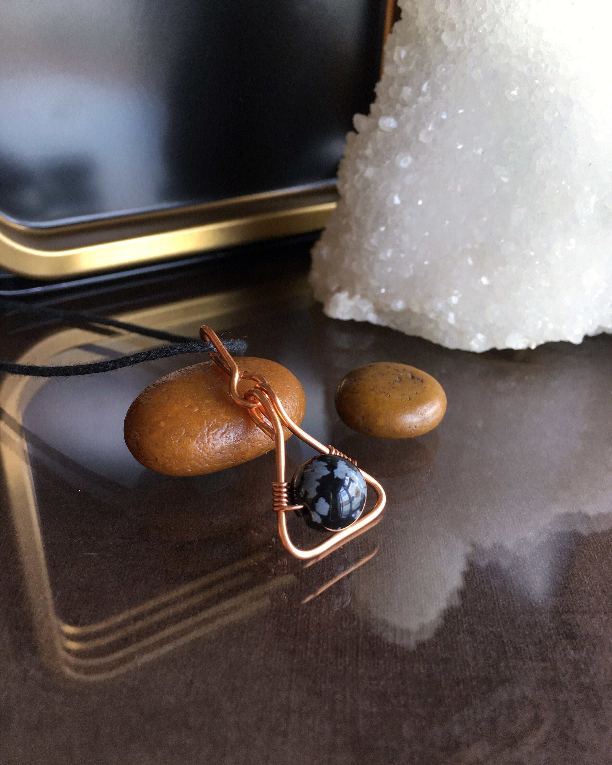 Snowflake Obsidian Copper Wire Wrapped Necklace