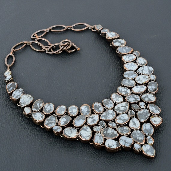 Handmade Snowflake Obsidian & Electroformed Copper Necklace, Adjustable Chain Handmade Snowflake Obsidian & Electroformed Copper Necklace, Adjustable Chain