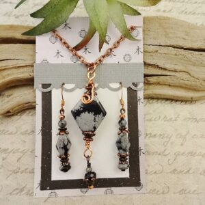 Snowflake Obsidian Jewelry Set: Copper Necklace and Earrings Snowflake Obsidian Jewelry Set: Copper Necklace and Earrings