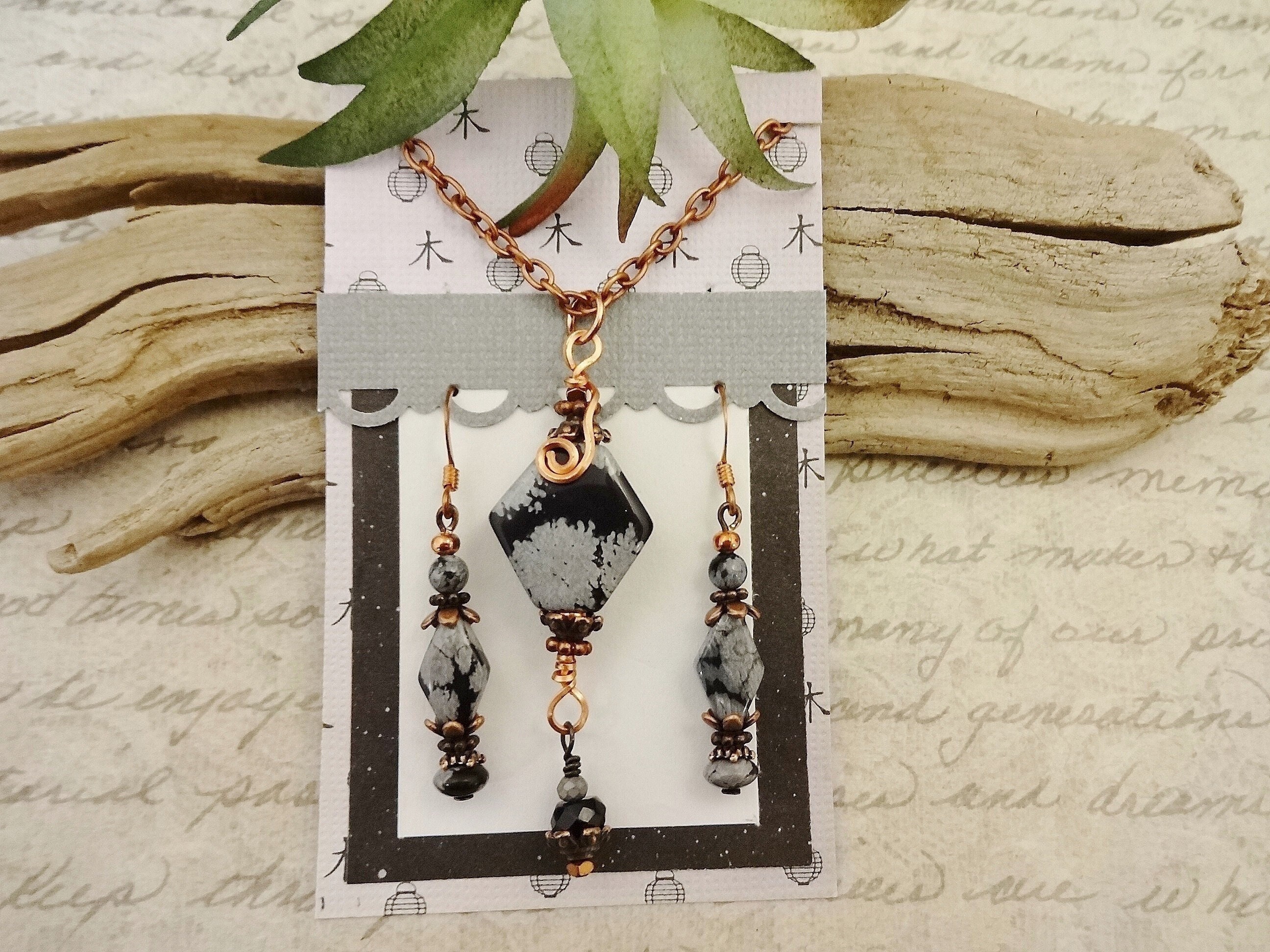 Snowflake Obsidian Jewelry Set: Copper Necklace And Earrings