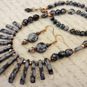 Snowflake Obsidian Jewelry Set: Copper Necklace and Earrings Snowflake Obsidian Jewelry Set: Copper Necklace and Earrings