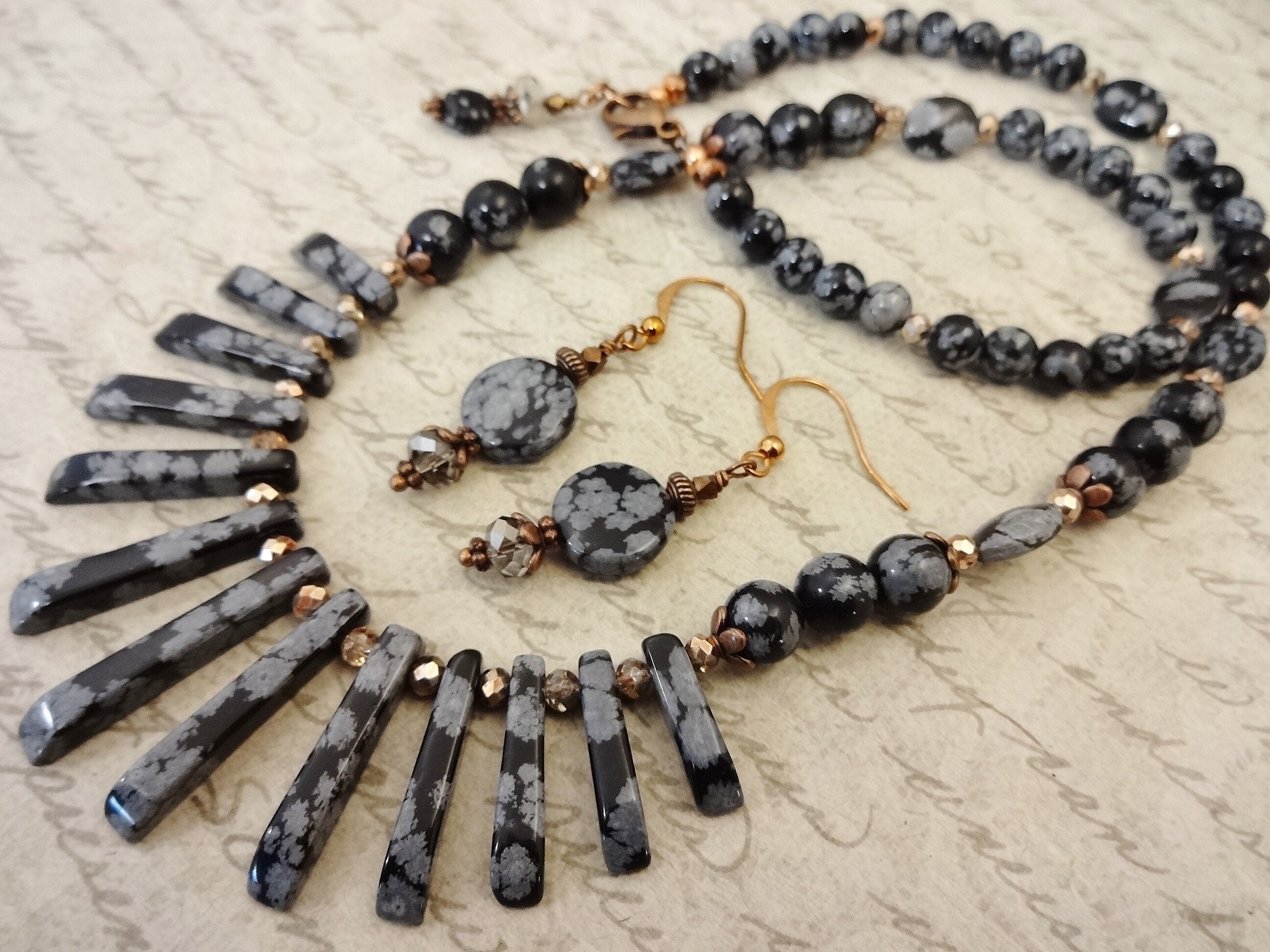 Snowflake Obsidian Jewelry Set: Copper Necklace And Earrings