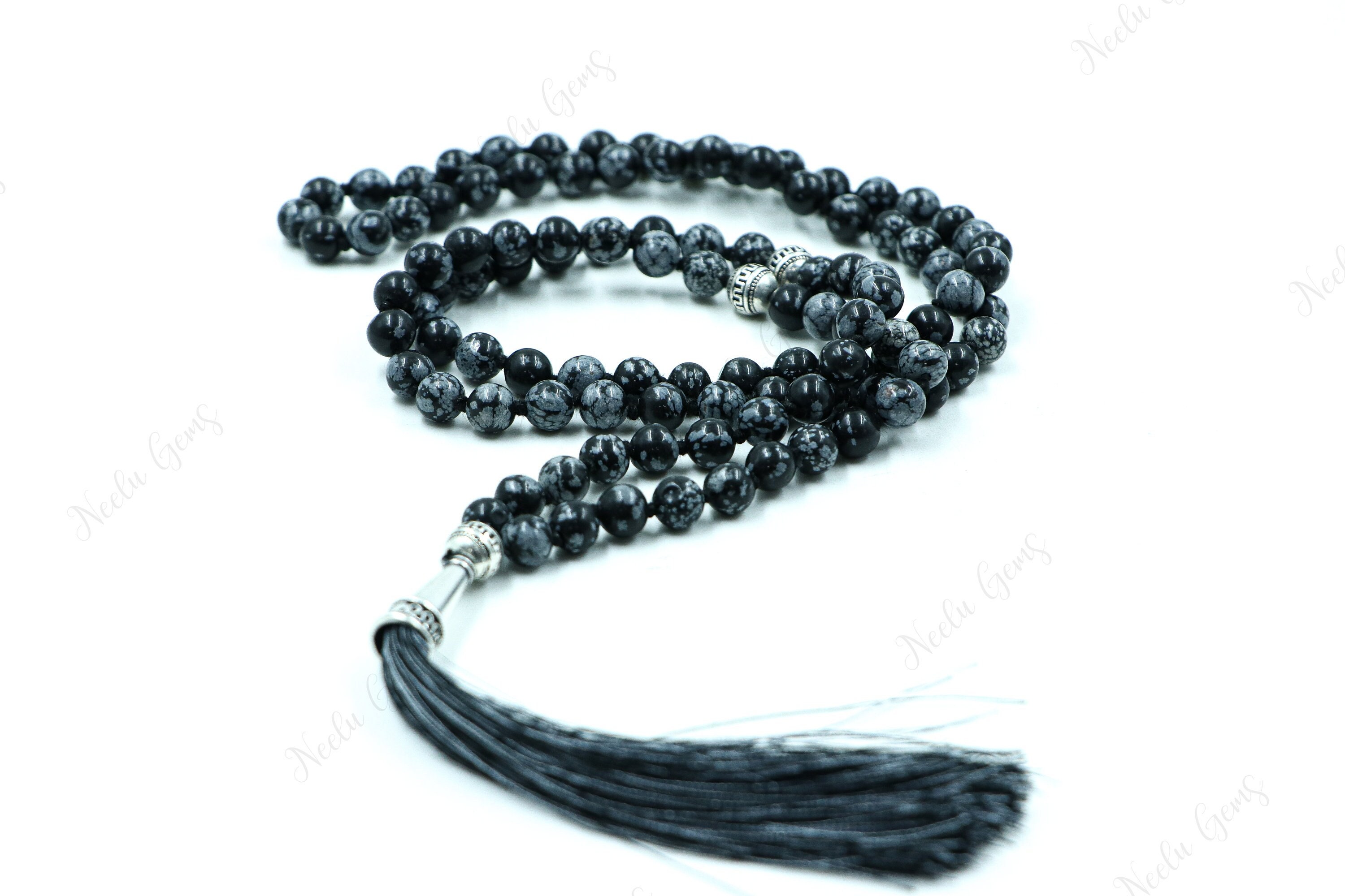 Snowflake Obsidian Mala Necklace 108 Beads Hand Knotted - Balance & Purity Prayer Beads - Protection Crystal Yoga Jewelry - Monochrome Gift