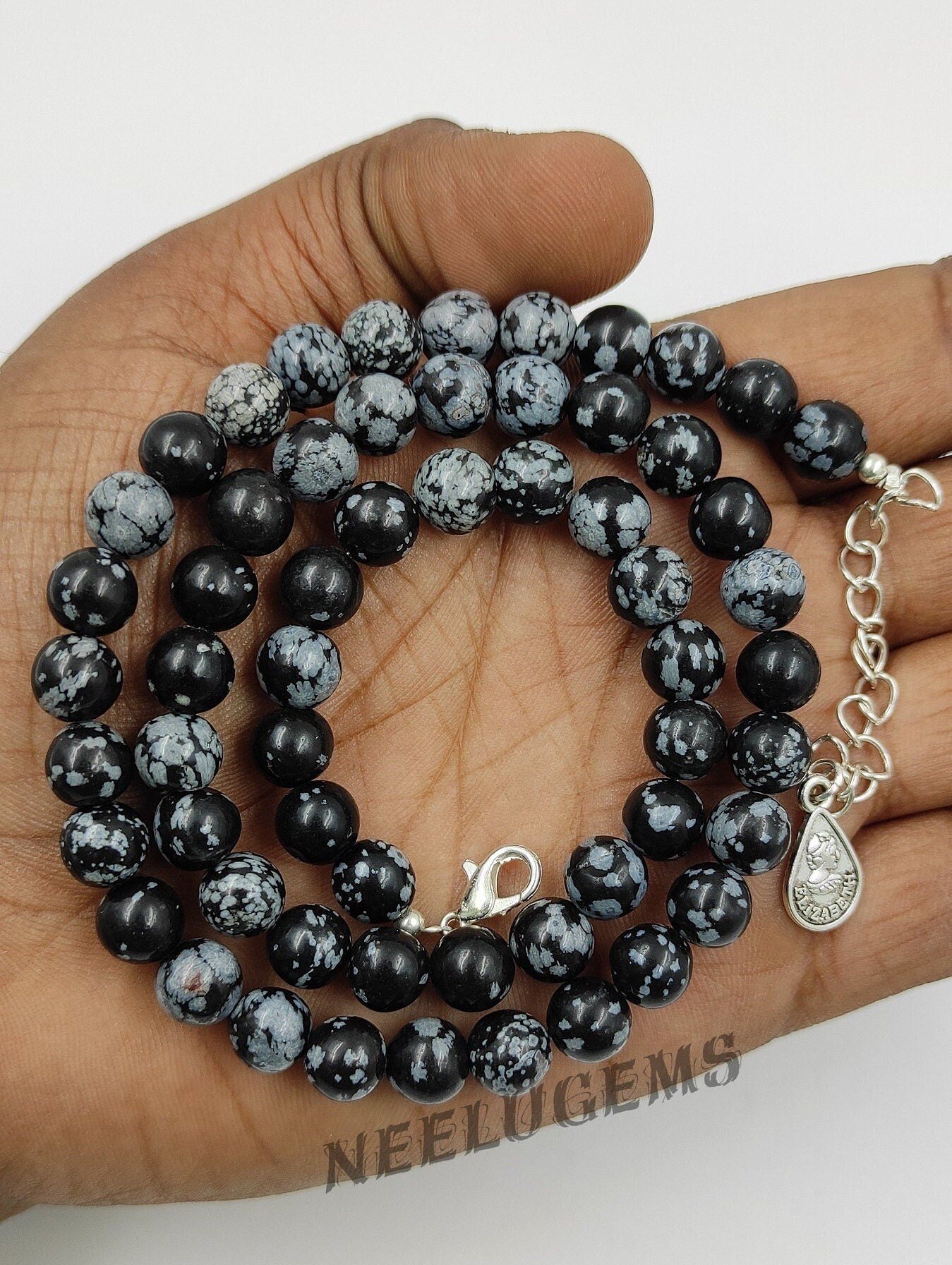 Natural Snowflake Obsidian Beaded Necklace, 8mm Smooth Round Stone Jewelry, 18 Inch Black And White Choker, Protection Gift, Gift For Her