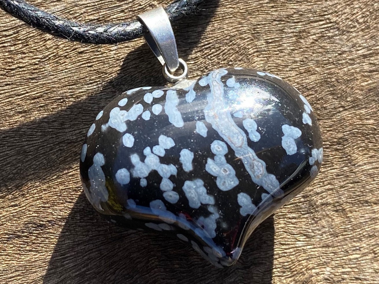 Snowflake Obsidian Puffy Heart Healing Stone Necklace With Positive Healing Energy!