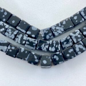 6mm Cube Snowflake Obsidian Gemstone Beads. 15” Strand Of Black And White Cubes, Approx. 66 Beads.