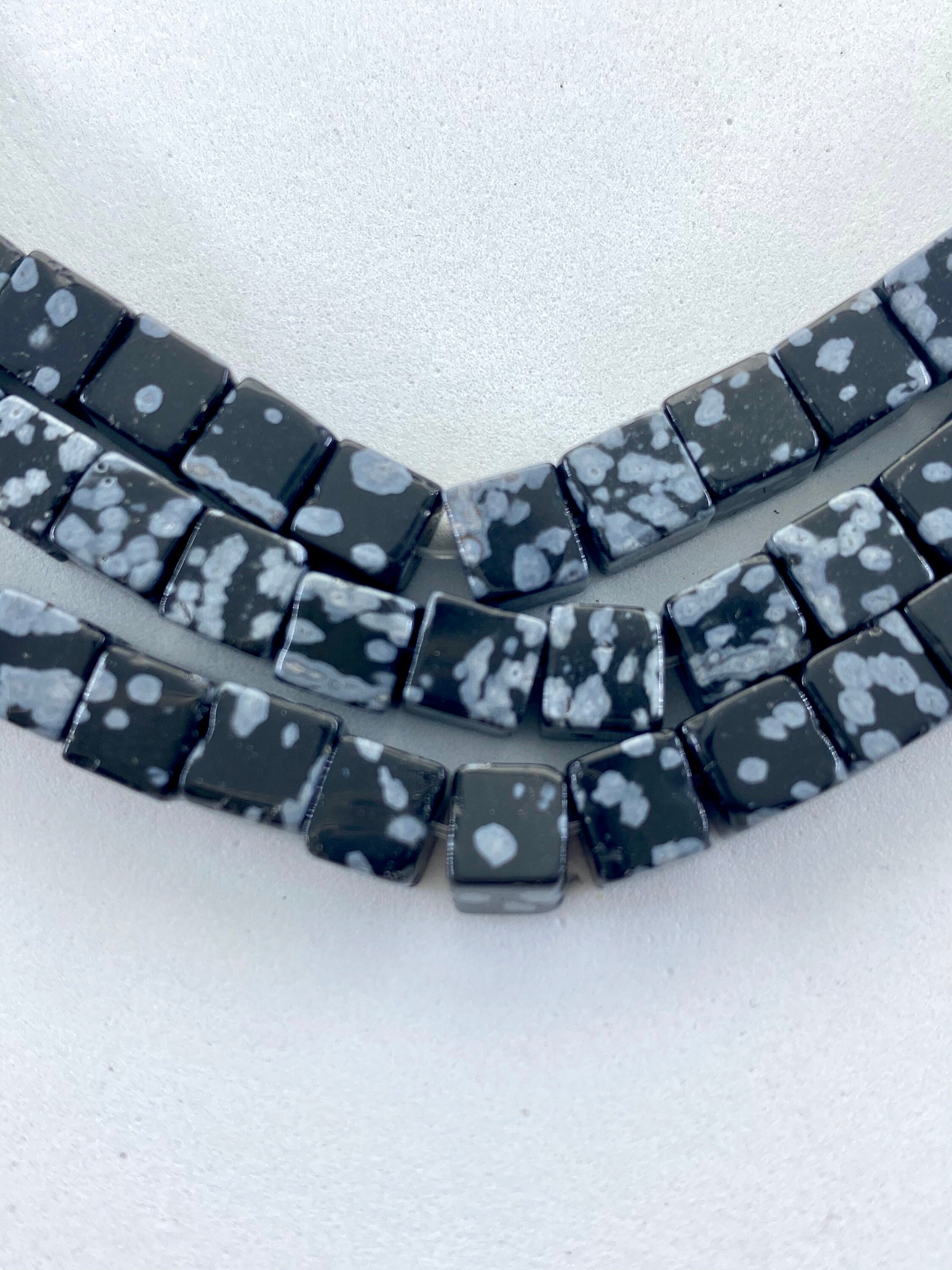 6mm Cube Snowflake Obsidian Gemstone Beads. 15” Strand Of Black And White Cubes, Approx. 66 Beads.