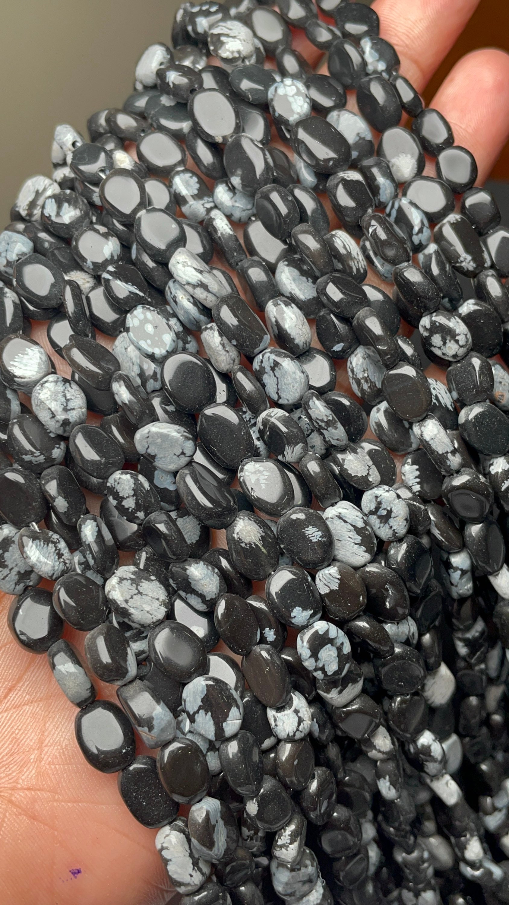 Beautiful Obsidian Smooth Oval Gemstone Beads, 6/9 Mm Snowflake Obsidian Bead For Jewelry Making, 14 Inch Strand Wholesale Bead At Low Price