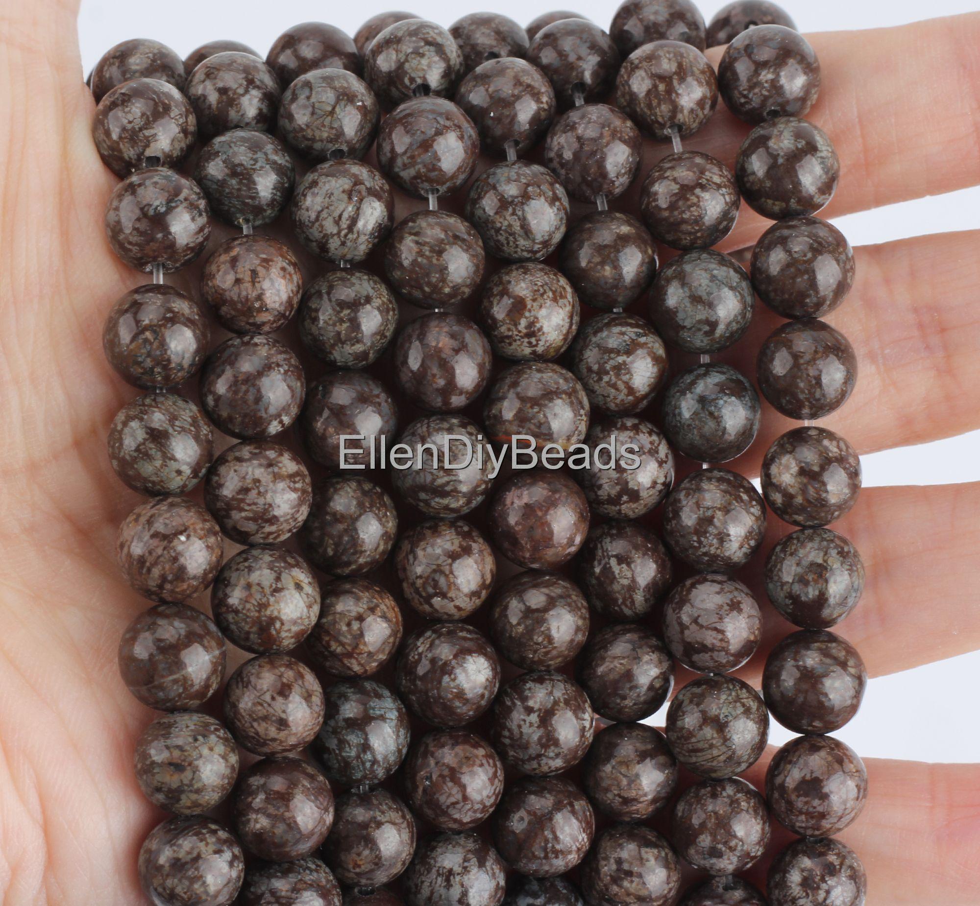 Coffee Snowflake Obsidian Beads: Smooth Brown Stone, 15 Inch Strand
