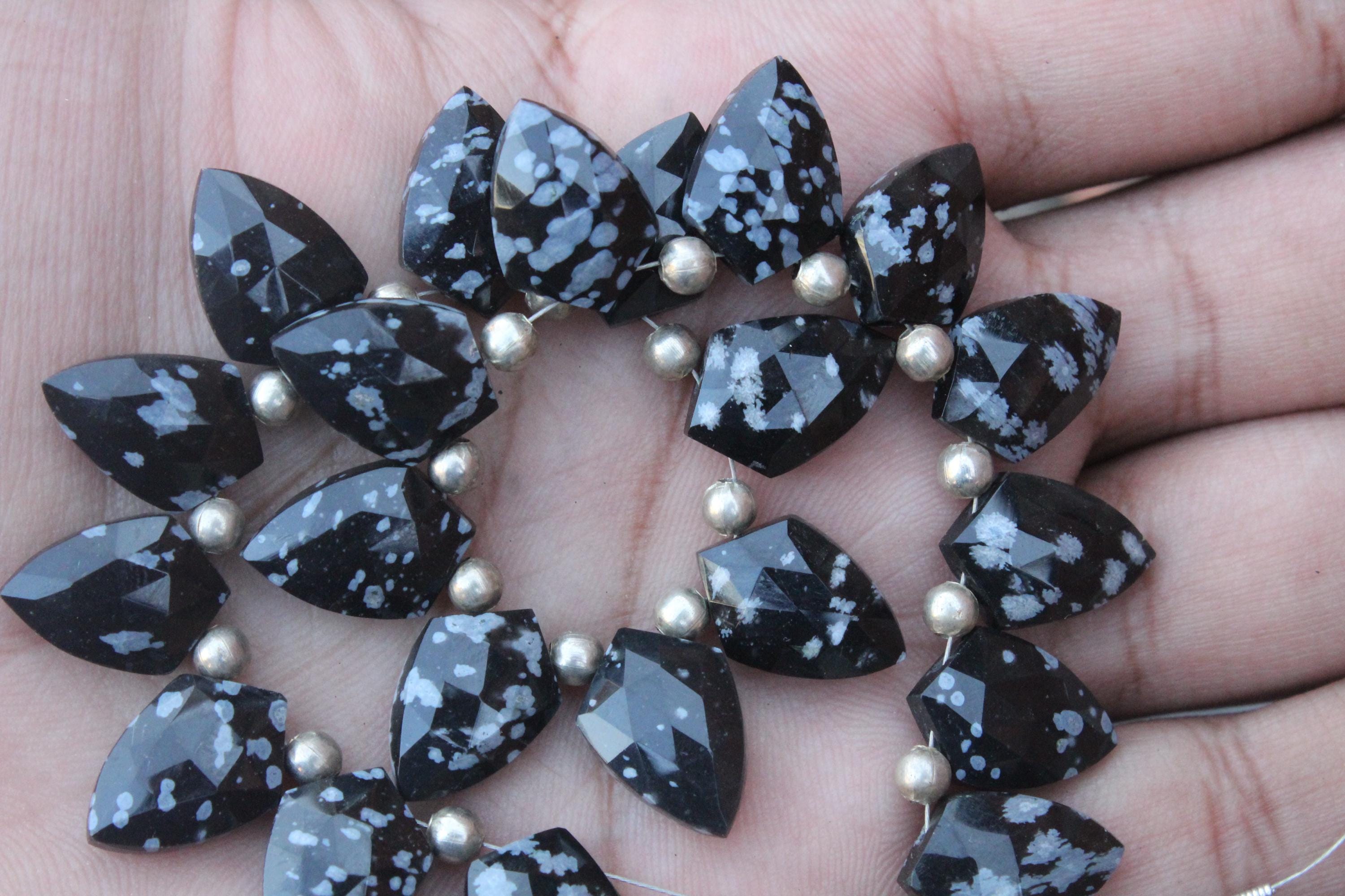 Snowflake Obsidian Gemstone Faceted Briolette Beads , 10-piece Sparrow , 15 - 16 Mm , Gems Jewelry (c960)