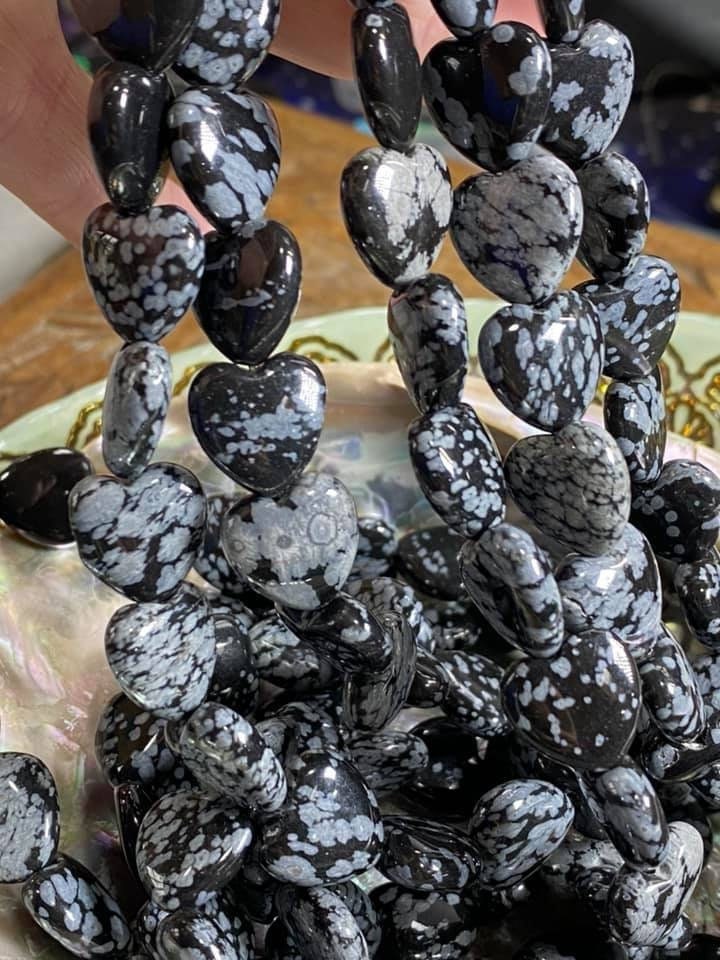 Snowflake Obsidian Heart Beads 14mm / Natural Beads /black And White Heart Beads  / Natural Gemstone Beads