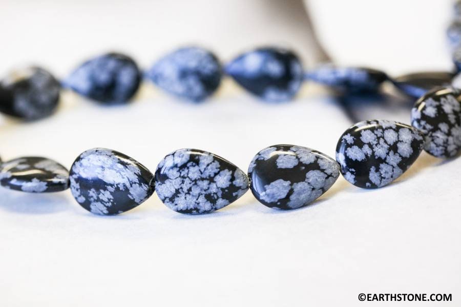 Snowflake Obsidian 13x18mm/ 10x15mm Flat Pear Beads 15.5" Strand